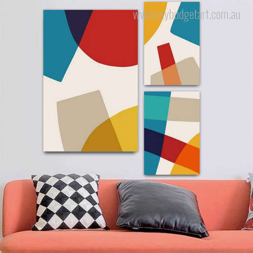 Rectangular And Circular Splash Geometrical Modern Abstract Stretched Canvas Print 3 Piece Set Photograph for Room Wall Art Garniture