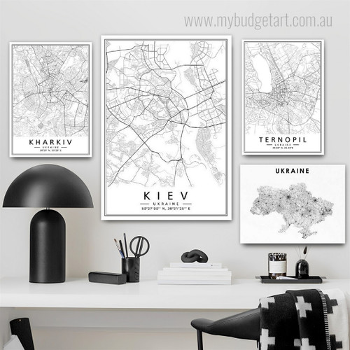 Ukraine Map Abstract Typography Modern Framed Artwork Picture 4 Piece Wall Art for Room Adornment