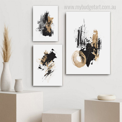 Black Splotches Modern Abstract Stretched Canvas Print 3 Piece Set Photograph for Room Wall Art Equipment