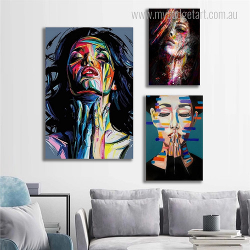 Colorific Women Faces Abstract Figure Contemporary Artwork Picture 3 Piece Canvas Art for Room Garniture