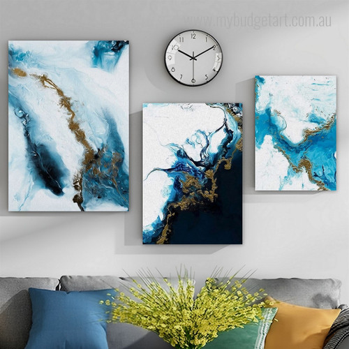 Blue Gold Marble Nordic Abstract Framed Artwork Picture 3 Piece Wall Art Set for Home Adornment