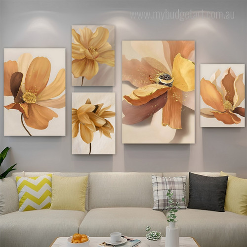 Yellow Flowers Floral Abstract Modern Artwork Picture 5 Piece Canvas Art for Room Wall Adorn
