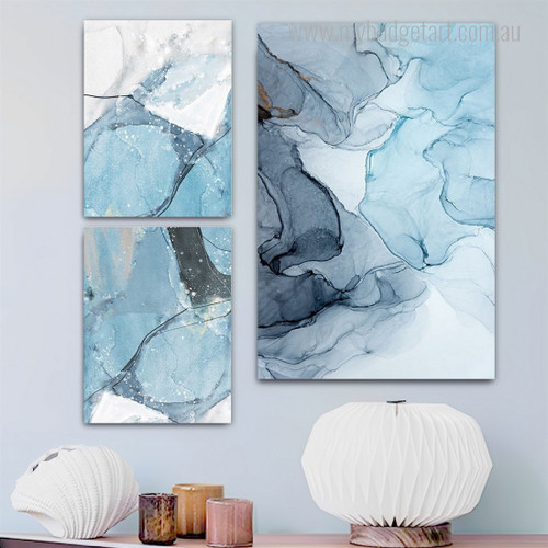 Blue Splotch Marble Abstract Photograph Modern 3 Piece Set Stretched Canvas Print for Room Wall Art Outfit