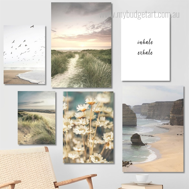 Great Ocean Rocks Grasses Naturescape Cheap Wrapped Rolled 6 Multi Panel Wall Art Photograph Modern Canvas Print for Room Tracery