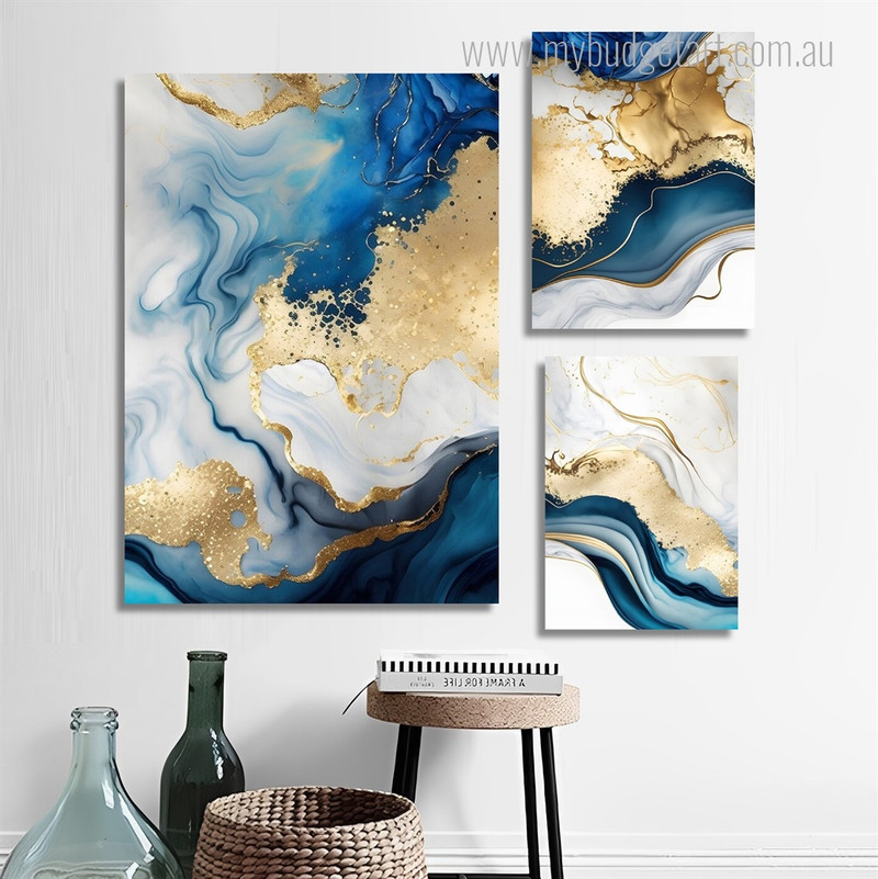 Gold Smirch Marble Modern Stretched Photograph 3 Piece Set Abstract Canvas Print for Room Wall Art Assortment