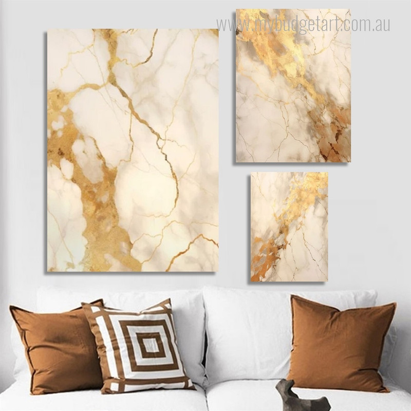 Gold Daubs Marble Abstract Modern Photograph 3 Piece Set Artwork Wrapped Rolled Canvas Print for Room Wall Garniture