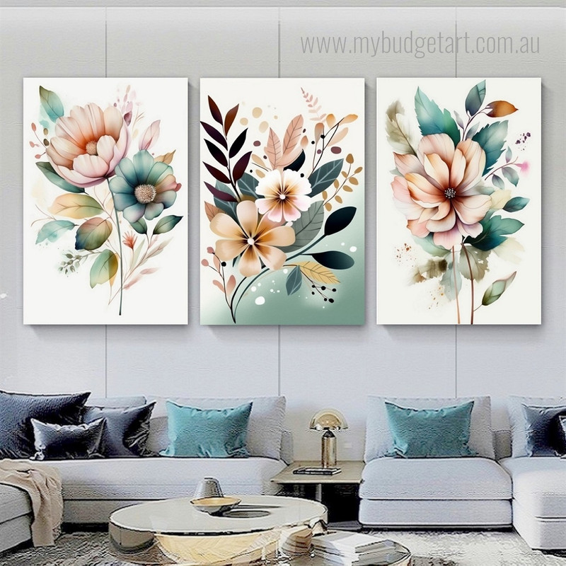 Beautiful Flowers Botanical Modern Framed Painting Image 3 Piece Canvas Wall Art Set Prints For Home Décor
