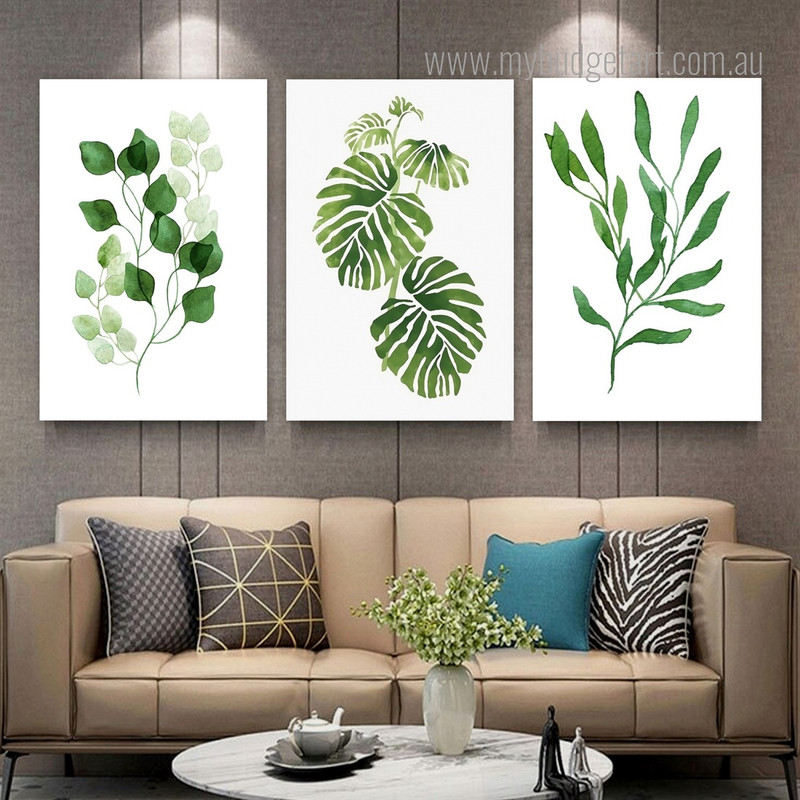 Green Natural Leaves Botanical Modern Stretch Wall Art Image 3 Piece Canvas Prints Framed Art For Home Décor