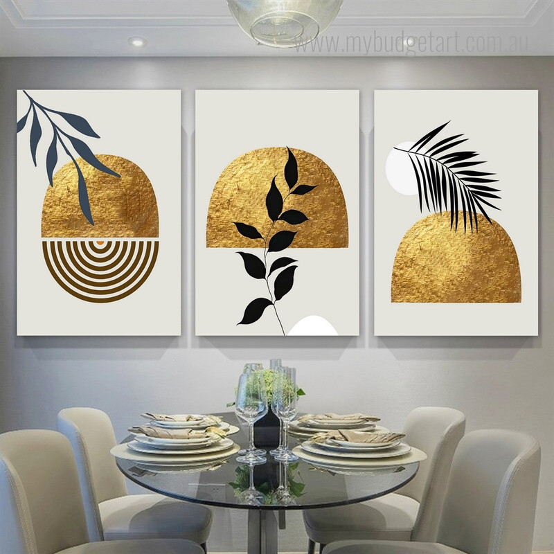 Golden Curved Spots & Lines Modern Framed Painting Pictures 3 Piece Canvas Prints Framed Art For Dining Room Canvas Wall Art