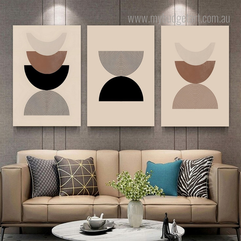 Geometric Black Mid Century Modern Stretch Painting Image 3 Piece Framed Canvas Prints Set For Office Décor