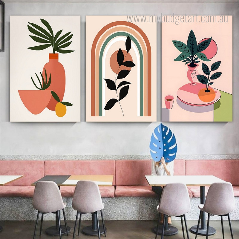 Abstract Leaves Plants Modern Stretch Wall Art Image 3 Piece Framed Canvas Prints Set For Office Décor