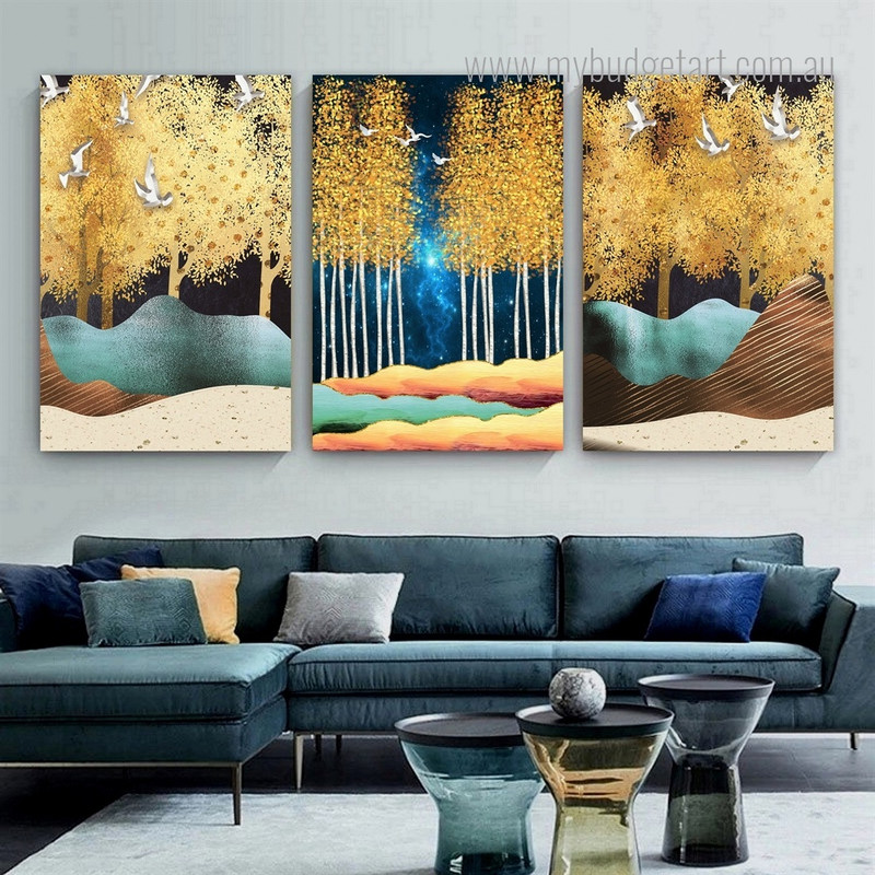 Golden Leaves Trees Modern Framed Painting Image 3 Piece Stretched Canvas Art Prints For Living Room