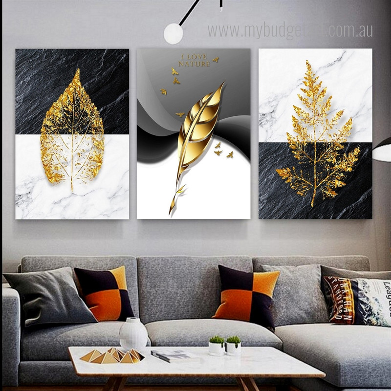 Golden Plant Leaves Modern Stretch Wall Art Image 3 Piece Canvas Wall Art Set Prints For Living Room