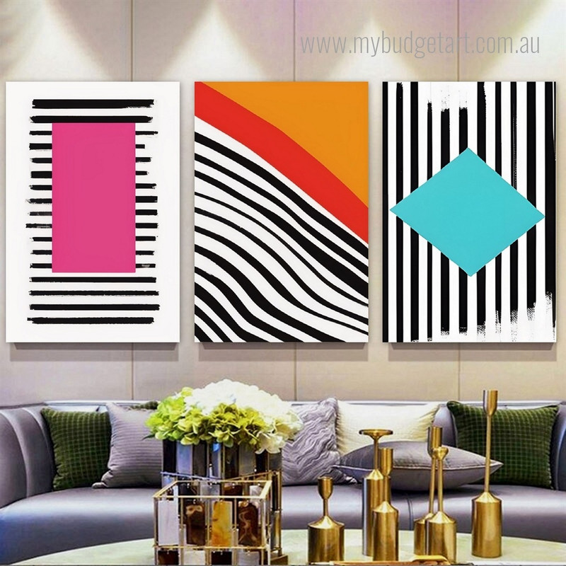 Polygons On Black Stripes Abstract Shapes Modern Framed Painting Photograph 3 Piece Canvas Wall Art Set Canvas Prints For Dining Room Canvas Wall Art