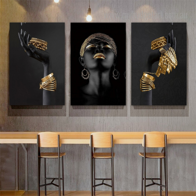 African Art Gold Jewellery Woman Modern Framed Painting Photograph 3 Piece Stretched Prints Set Canvas Prints For Living Room
