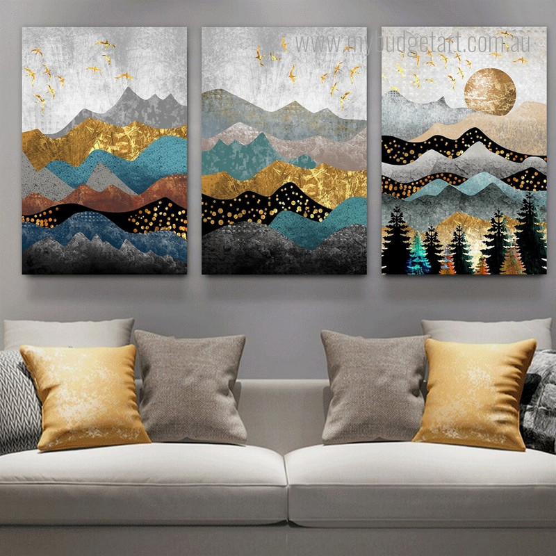 Sunset Abstract Ink Landscape Canvas Art Modern Framed Painting Image 3 Piece Stretched Canvas Art Prints For Home Décor