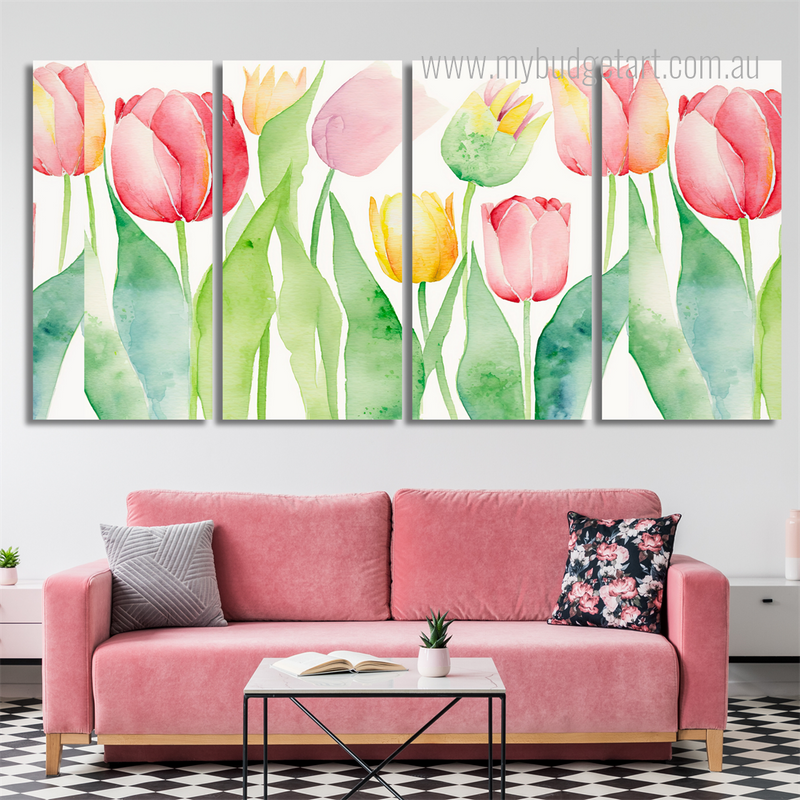 Watercolor Tulips Background Floral Modern Painting Photograph 4 Piece Framed Canvas Wall Art Prints Set For Living Room