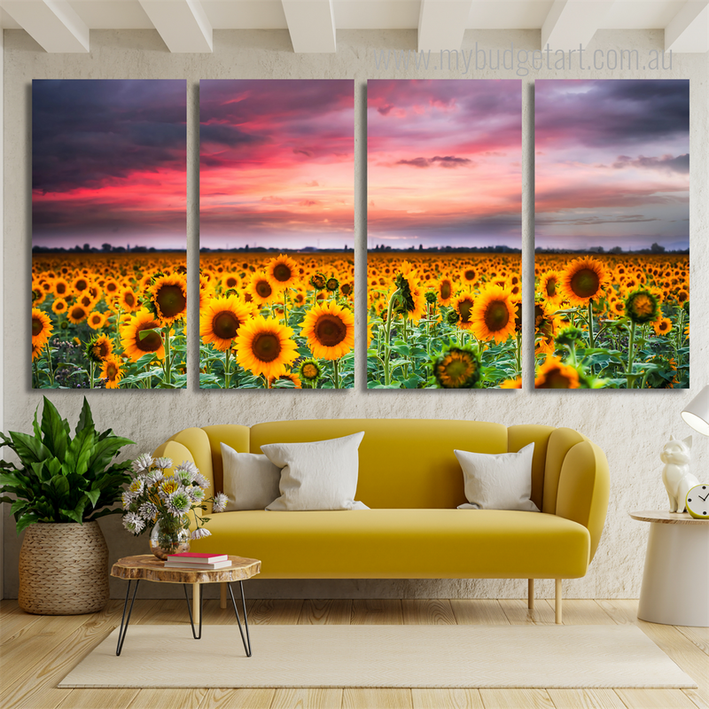 Sunflower On Sunset Landscape Modern Framed Painting Pictures 4 Piece Canvas Wall Art Set Australia For Room Décor
