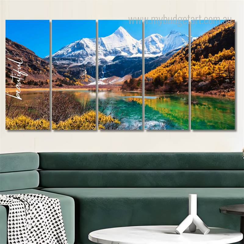 Snow Mountain In Daocheng Yarding Sichuan China Nature Landscape Split Modern Stretched 5 Piece Framed Canvas Wall Art Prints Set For Wall Hanging