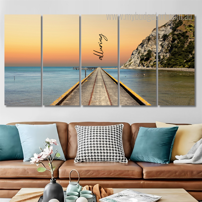Railway Tracks Down The Middle Of Tokomaru Bay Wharf From A Vanishing Point Perspective Nature Split 5 Piece Framed Canvas Wall Art Prints Set For Office Décor