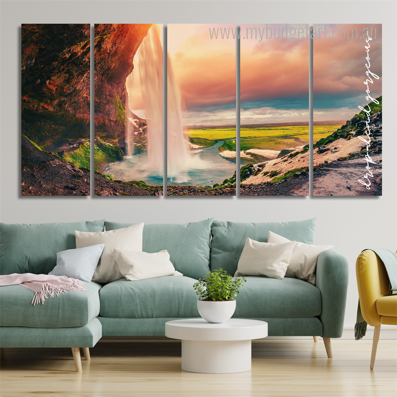 Seljalandsfoss Waterfall Iceland Landscape Nature Stretched 5 Piece Framed Canvas Wall Art Prints Set For Office Wall Decoration Ideas Seljalandsfoss Waterfall Iceland Landscape Nature Stretched 5 Piece Framed Canvas Wall Art Prints Set For Office Wall Decoration Ideas