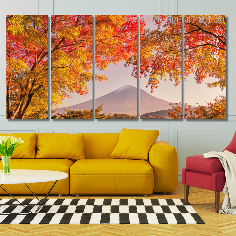 Mountain Fuji Honshu Japan Landscape Nature Modern Split Framed 5 Piece Canvas Wall Art Set Australia For Living Room Decoration Ideas
