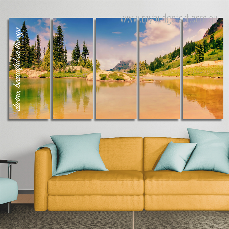 Amazing Lake At Naches Peak Loop Trail Landscape Nature Modern Split 5 Piece Framed Canvas Wall Art Prints Set For Home Wall Decor