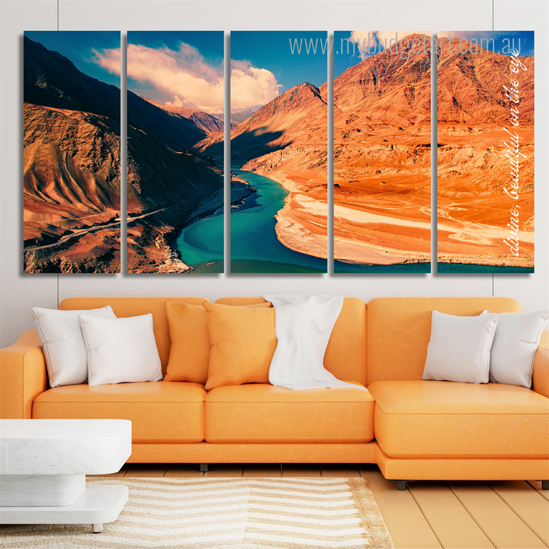Zanskar And Indus Rivers Ladakh India Landscape Nature Modern Split 5 Piece Canvas Wall Art Set Australia For Living Room Decoration Ideas