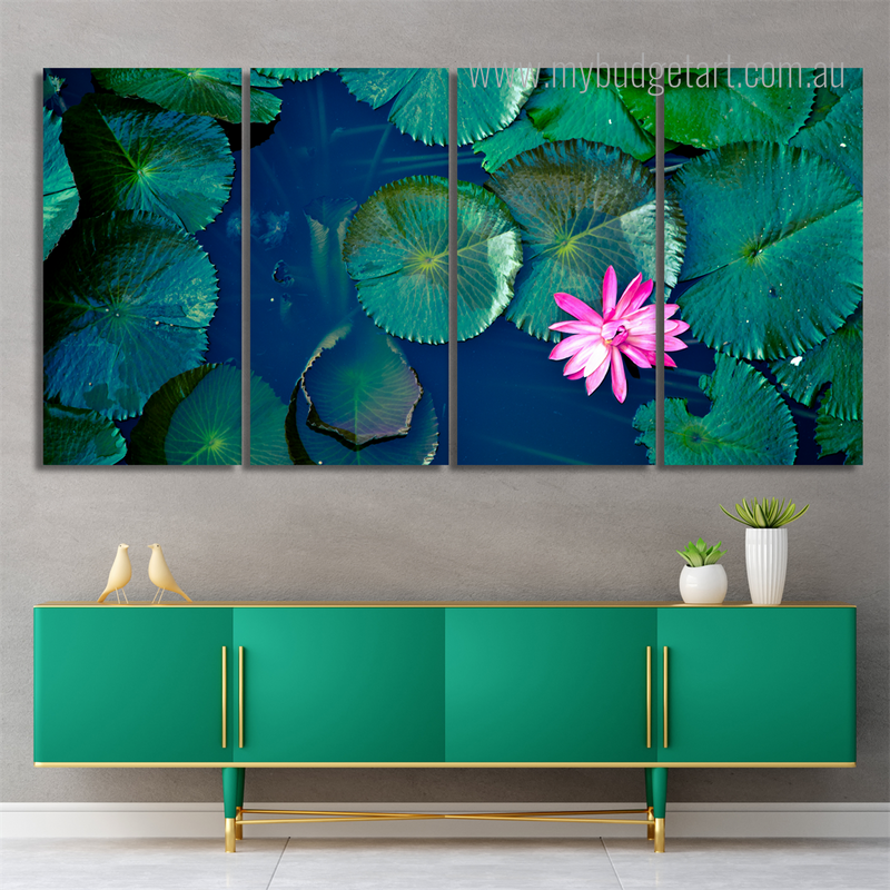 Water Lily Lotus Flower Modern Stretched Painting Photo 4 Piece Framed Canvas Wall Art Prints Set For Drawing Room