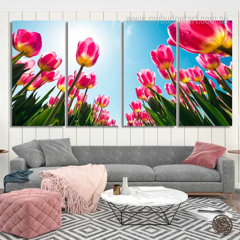 Tulip Field Floral Modern Stretched Wall Art Image 4 Piece Canvas Wall Art Set Australia For Home Décor