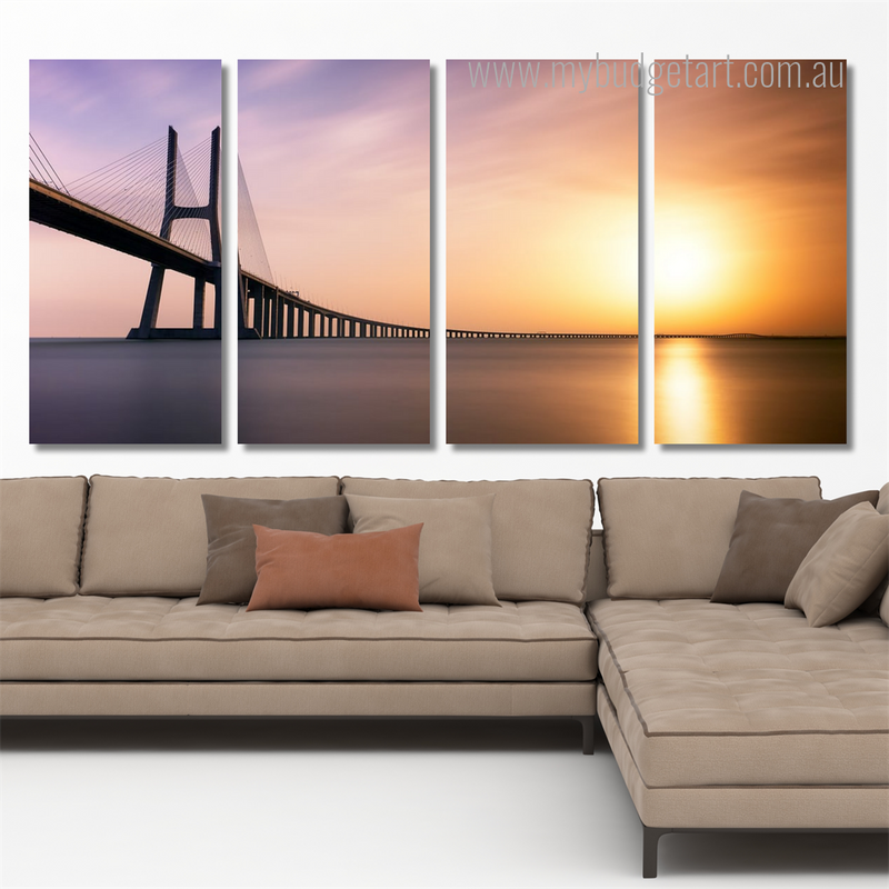 Vasco Da Gama Bridge At Sunrise Lisbon Portugal Naturescape Modern Framed Painting Pictures 4 Piece Canvas Wall Art Set Australia For Office Décor