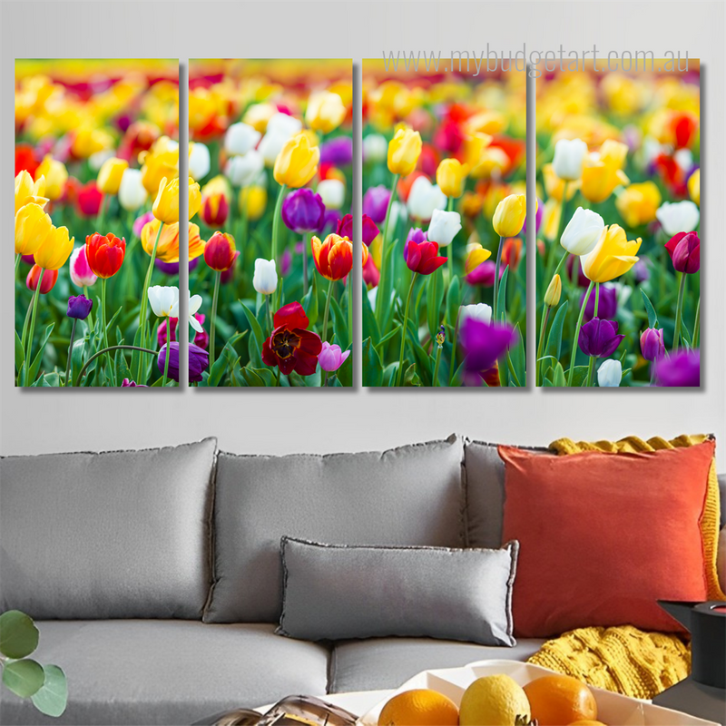 Colorful Tulips Field Floral Modern Framed Painting Photo 4 Piece Canvas Wall Art Set Australia For Room Décor