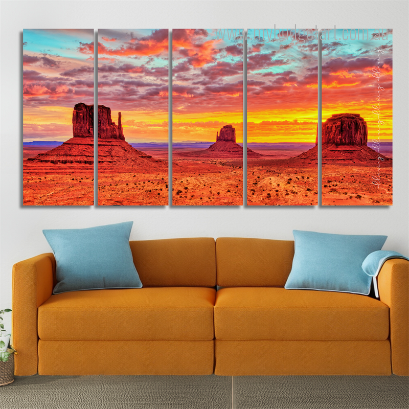 Monument Valley In Sunrise Arizona Landscape Modern Framed Painting Photo 5 Piece Framed Canvas Wall Art Prints Set For Living Room