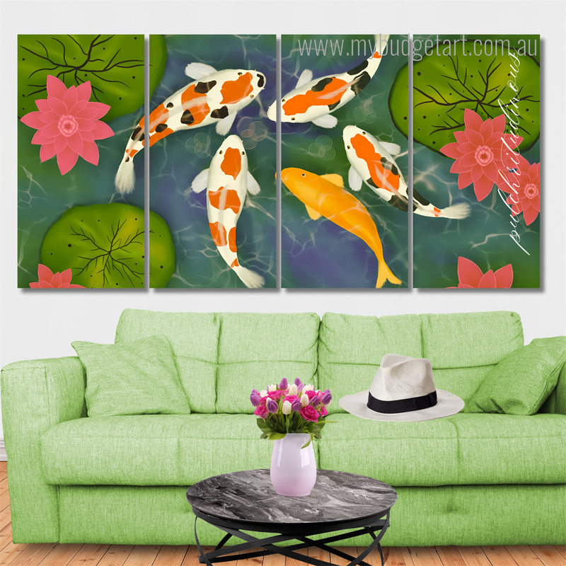 Colorful Koi Fish In Pond Animal Modern Stretched Wall Art Image 4 Piece Framed Canvas Wall Art Prints Set For Home Decoration Colorful Koi Fish In Pond Animal Modern Stretched Wall Art Image 4 Piece Framed Canvas Wall Art Prints Set For Home Decoration