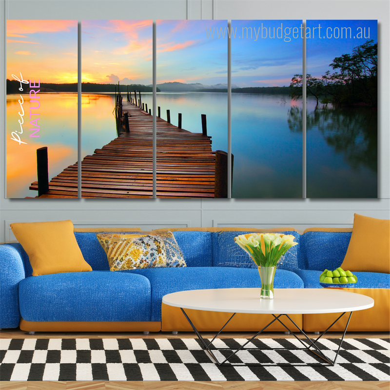 Pier At Sunset Florida Naturescape Modern Framed Painting Photograph 5 Piece Framed Canvas Wall Art Prints Set For Bedroom Decorating Ideas