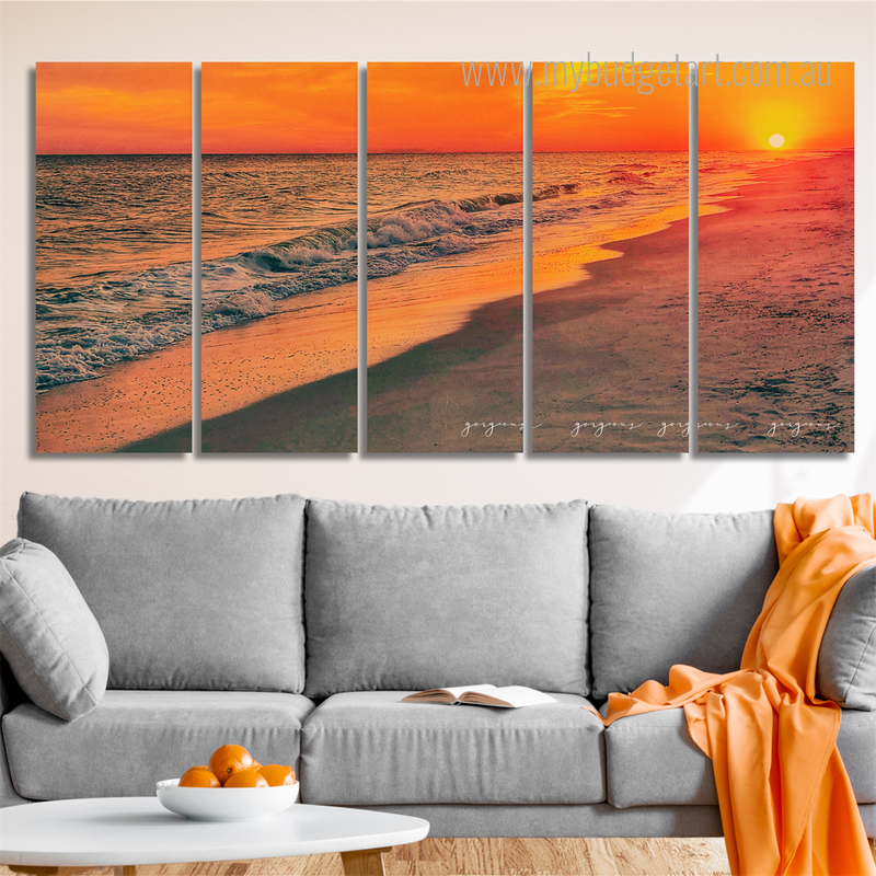 Beach Sunset America Landscape Modern Framed Wall Art Image 5 Piece Framed Canvas Wall Art Prints Set For Home Décor