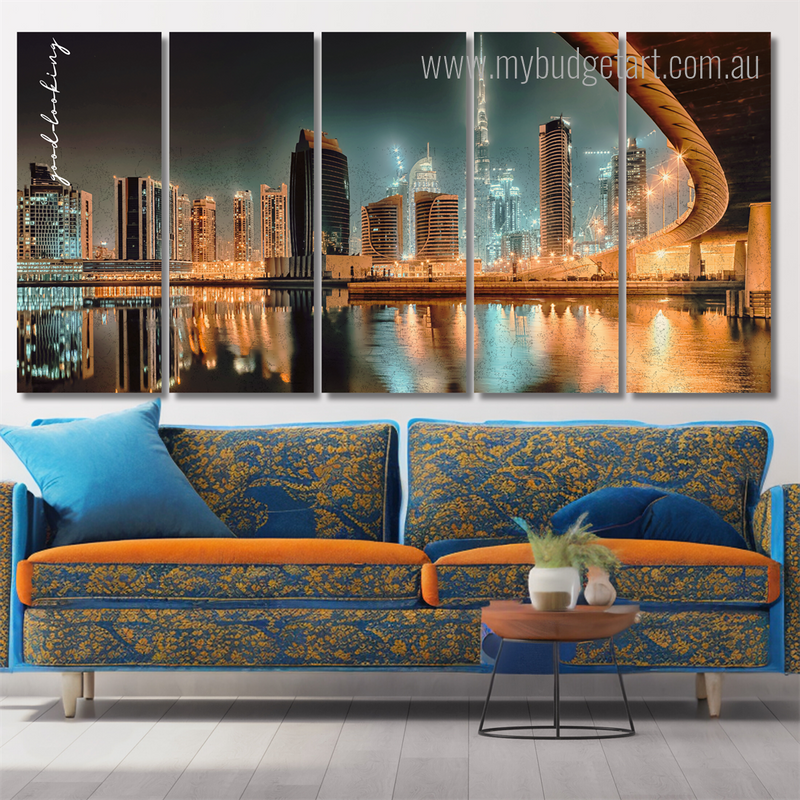 Burj Khalifa Dubai Cityscape Modern Framed Painting Photograph 5 Piece Framed Canvas Wall Art Prints Set For Living Room