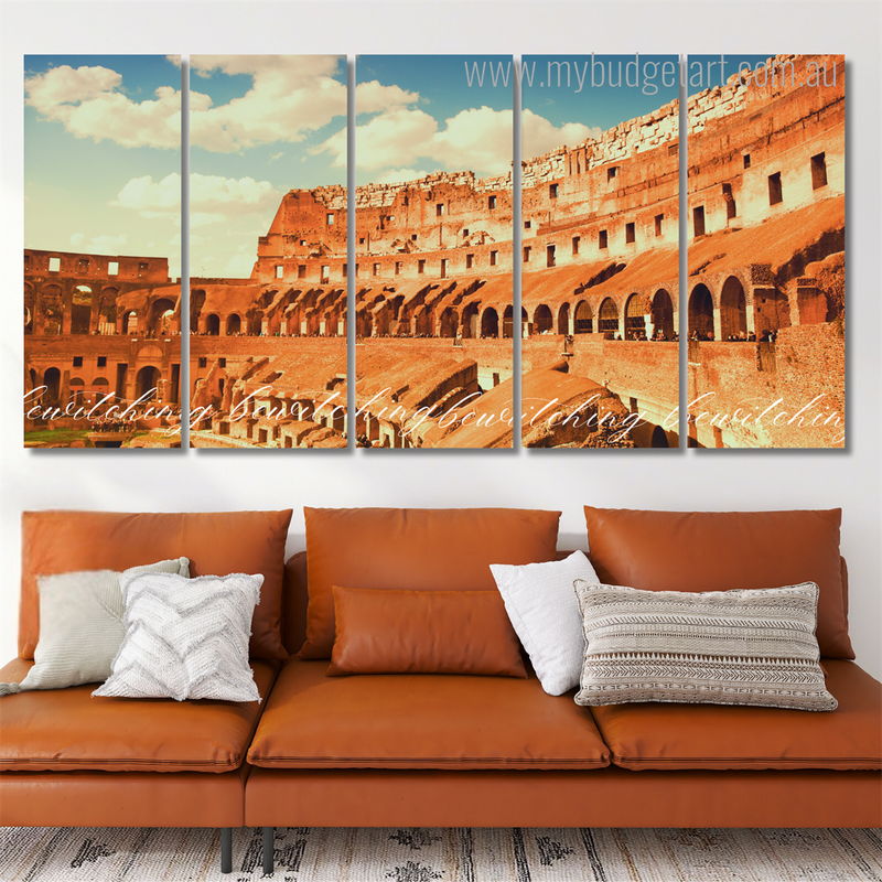 Colosseum In Rome Italy Architecture Modern Stretched Painting Image 5 Piece Framed Canvas Wall Art Prints Set For Living Décor