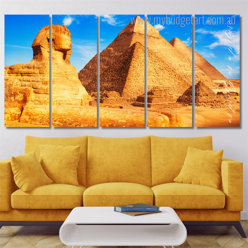 Great Sphinx With Pyramids Of Giza Architecture Modern Framed Painting Photo 5 Piece Framed Canvas Wall Art Prints Set For Home Décor