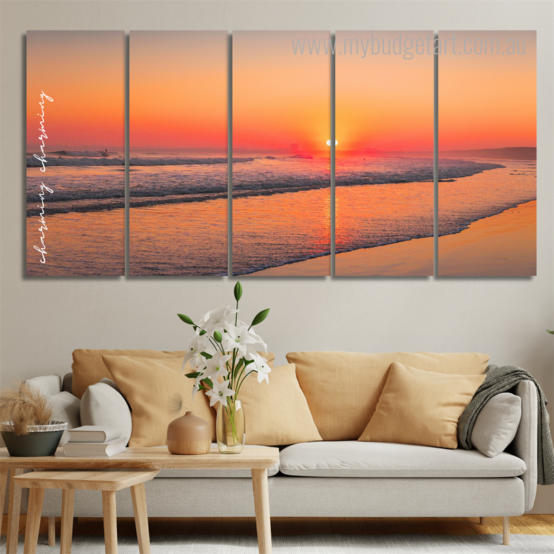 Beach Sunset California Naturescape Modern Framed Wall Art Image 5 Piece Framed Canvas Wall Art Prints Set For Room Décor