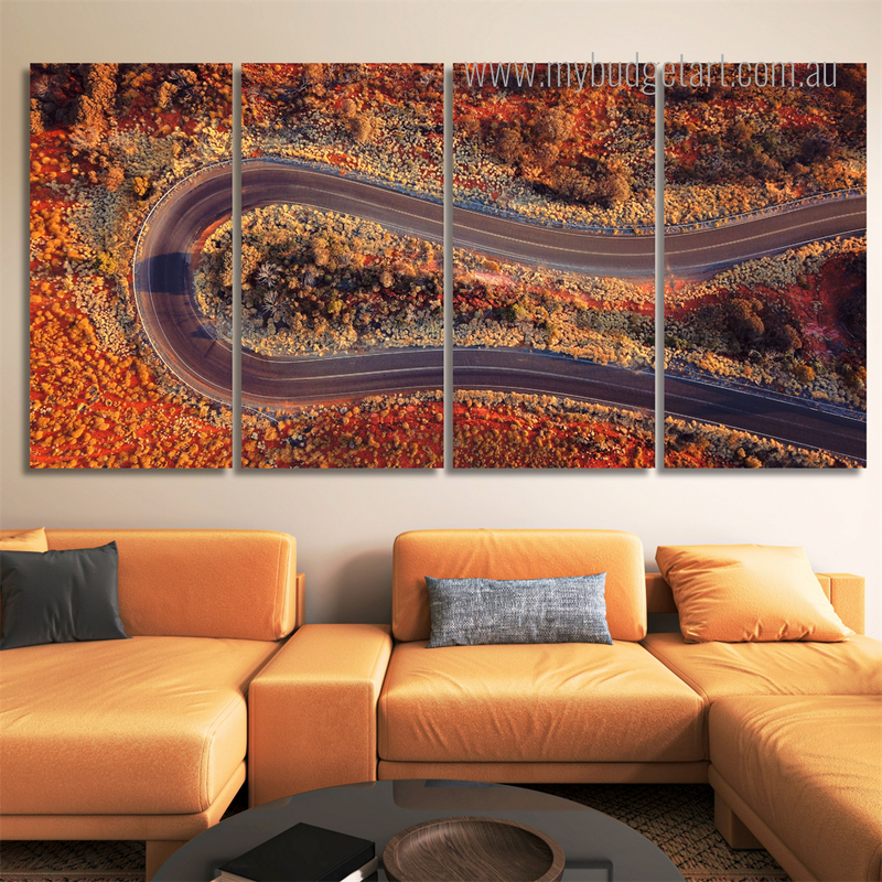 Curve Road In Australia Naturescape Modern Framed Painting Image 4 Piece Framed Canvas Wall Art Prints Set For Home Décor