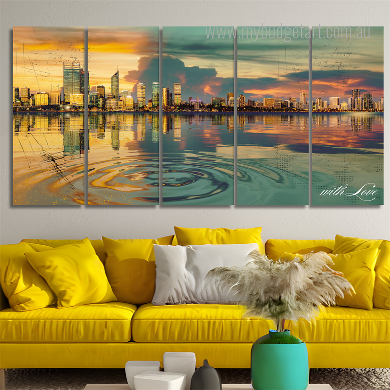 Perth Sunset Australia Cityscape Modern Framed Painting Photo 5 Piece Framed Canvas Wall Art Prints Set For Home Décor