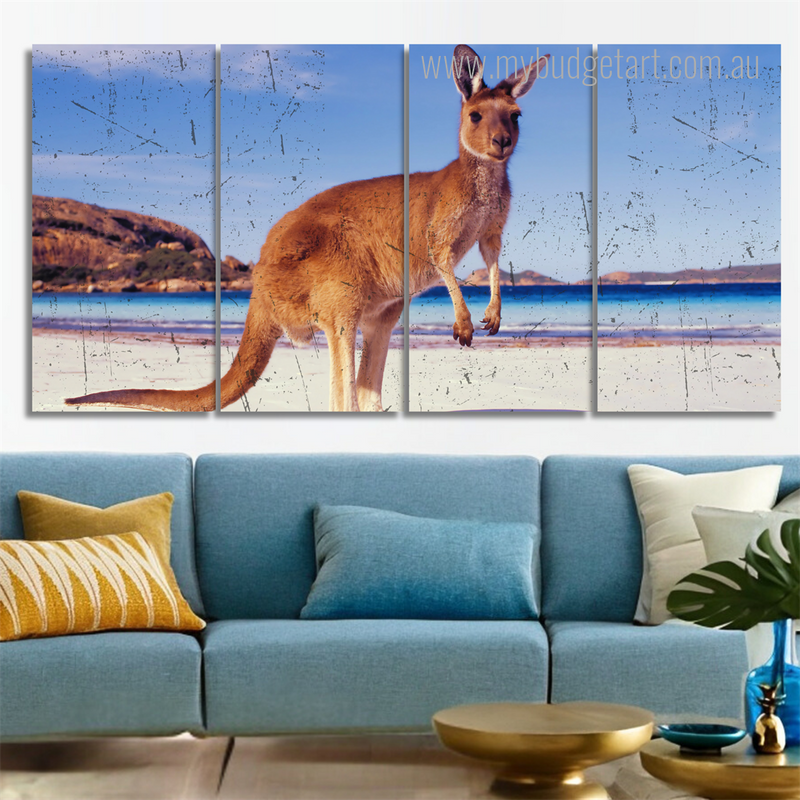 Kangaroo On The Beach Australia Animal Modern Framed Painting Image 4 Piece Canvas Wall Art Set Australia For Living Room