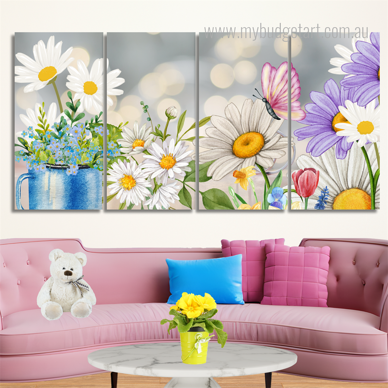 Daisy Flowers Illustration Floral Modern Framed Painting Pictures 4 Piece Framed Canvas Wall Art Prints Set For Office Décor