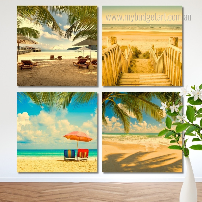 Beach Chairs With Umbrella Australia Landscape Modern Framed Painting Pictures 4 Piece Framed Wall Art Prints For Home Décor