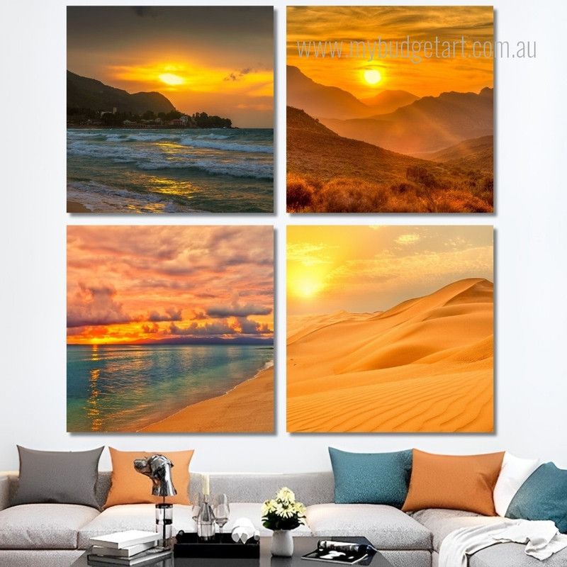 Mountains Sunset Landscape Modern Framed Painting Photograph 4 Piece Framed Wall Art Canvas Prints Set For Bedroom Wall Décor