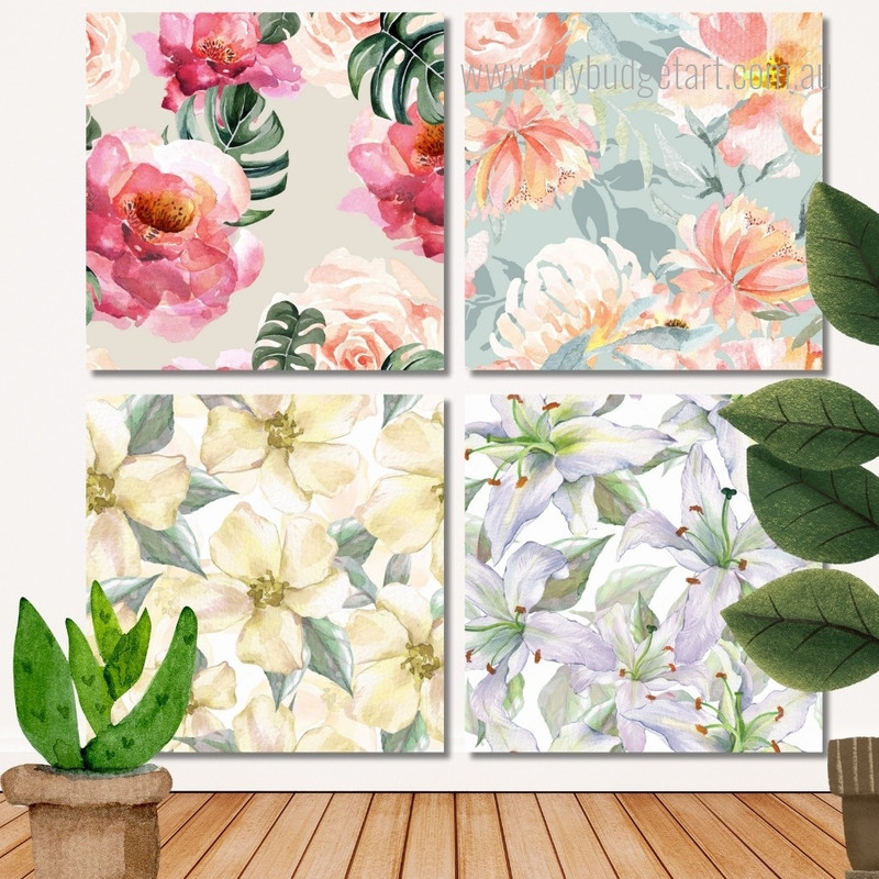 Seamless Pattern Of Flowers Modern Stretched Painting Image 4 Piece Framed Wall Art Prints For Office Décor