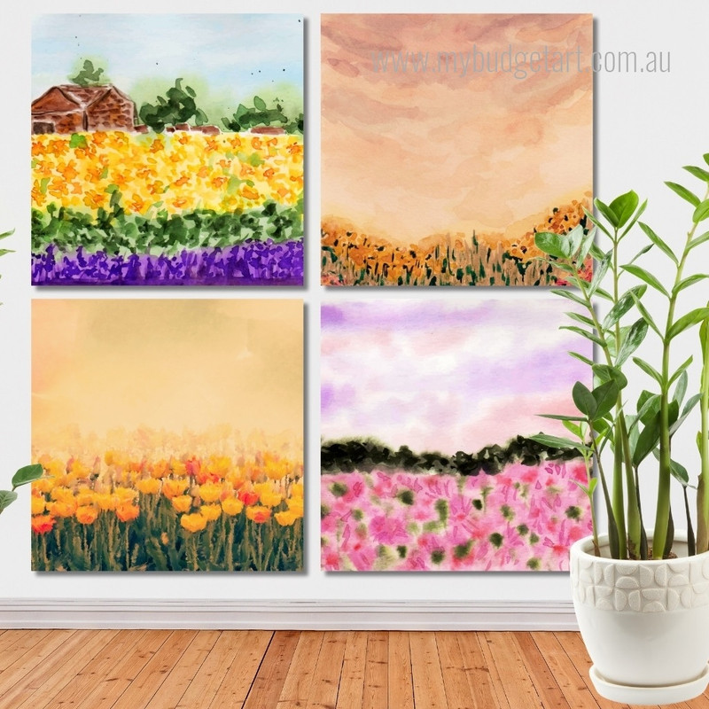 Beautiful Flowers Garden Watercolor Floral Modern Stretched Painting Photograph 4 Piece Framed Wall Art Canvas Prints Set For Home Décor
