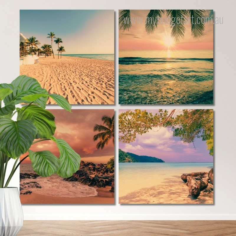 Tropical Beach Paradise Island Landscape Modern Framed Painting Pictures 4 Piece Framed Wall Art Prints For Drawing Room