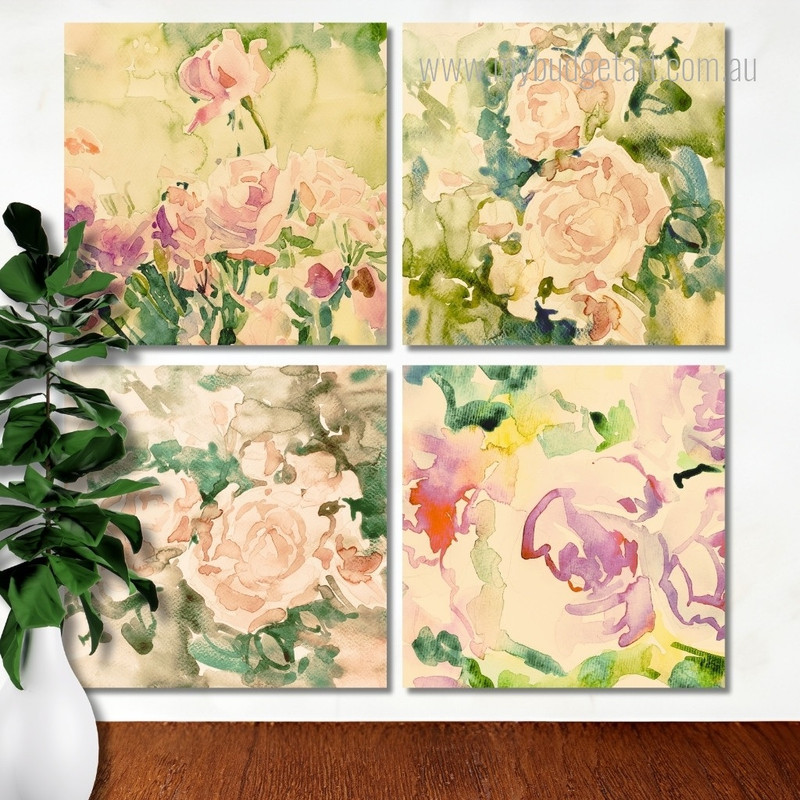 Pink Roses Bouquet Watercolor Painting Floral Modern Framed Painting Photograph 4 Piece Framed Wall Art Canvas Prints Set For Bedroom Wall Décor